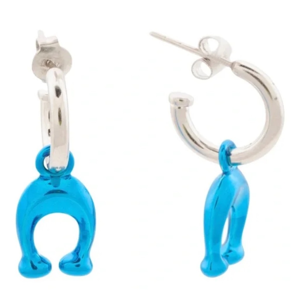 Coach Hanging C Huggie blue and silver earrings new with tag and pouch